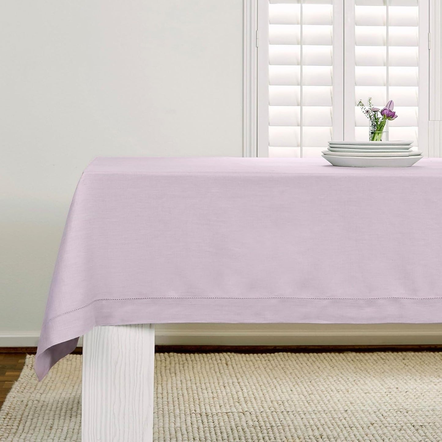 Solino Home Lilac Linen Tablecloth 60 x 90 Inch - 100% Pure Linen Hemstitch Table Cloth for Rectangle Tables - Classic Hemstitch, Machine Washable Tablecloth for Fall, Autumn, Thanksgiving, Christmas