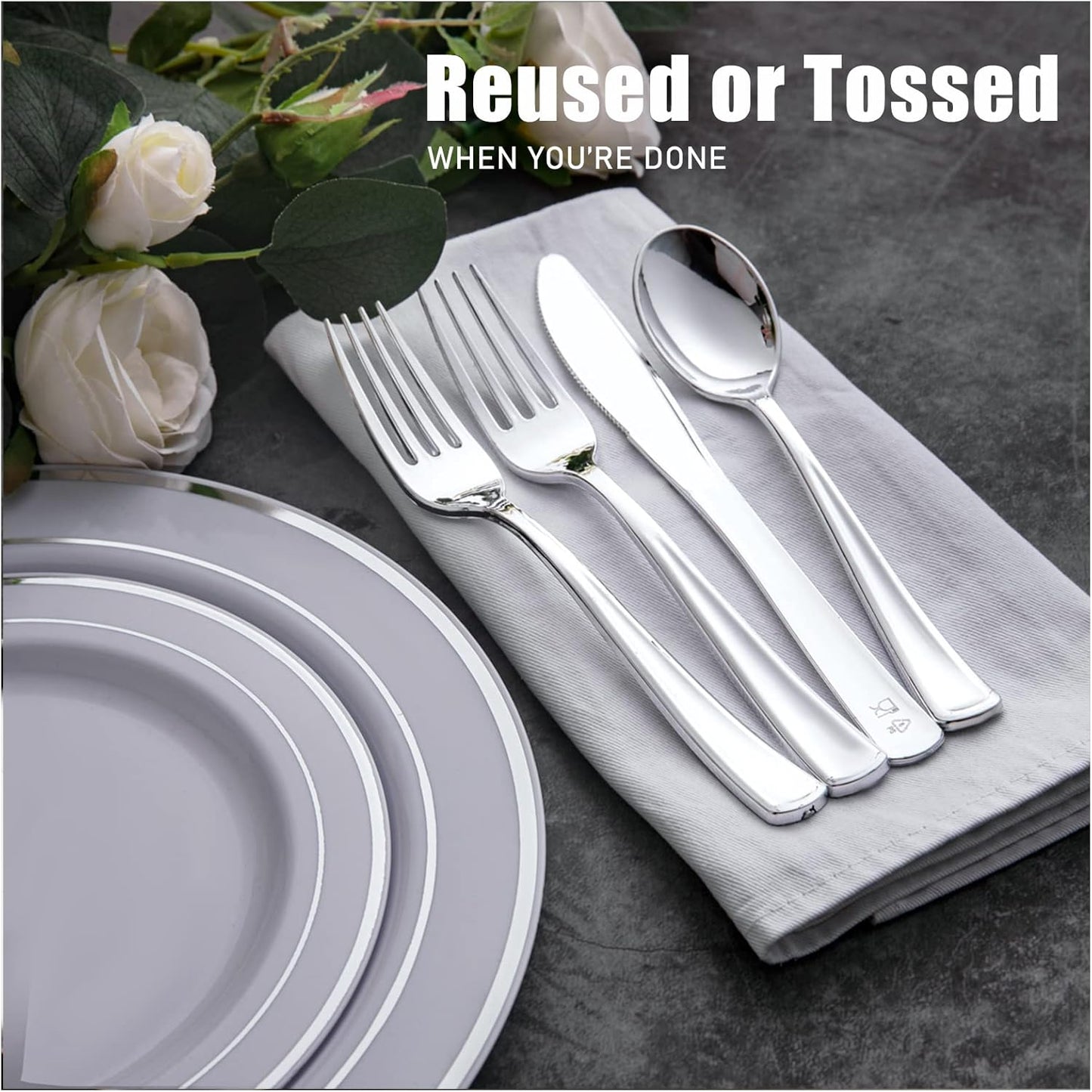 WDF 160 Pieces Silver Plastic Silverware - Silver Disposable Silverware - Plastic Silverware Heavy Duty - 80 Forks 40 Knives 40 Spoons - Disposable Cutlery Perfect for Christmas Wedding/Party