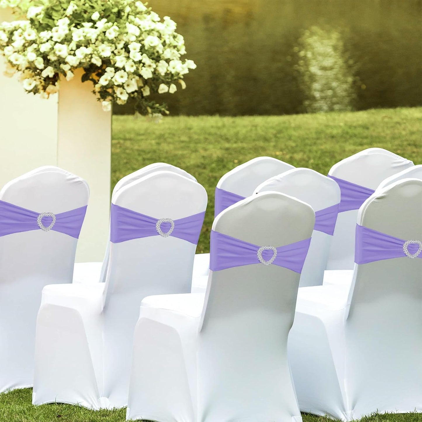 100PCS Spandex Chair Sashes Bows Universal Stretch Elastic Chair Cover Band Ties with Buckle Slider for Wedding Banquet Birthday Party Reception Event Decoration(Lavender)