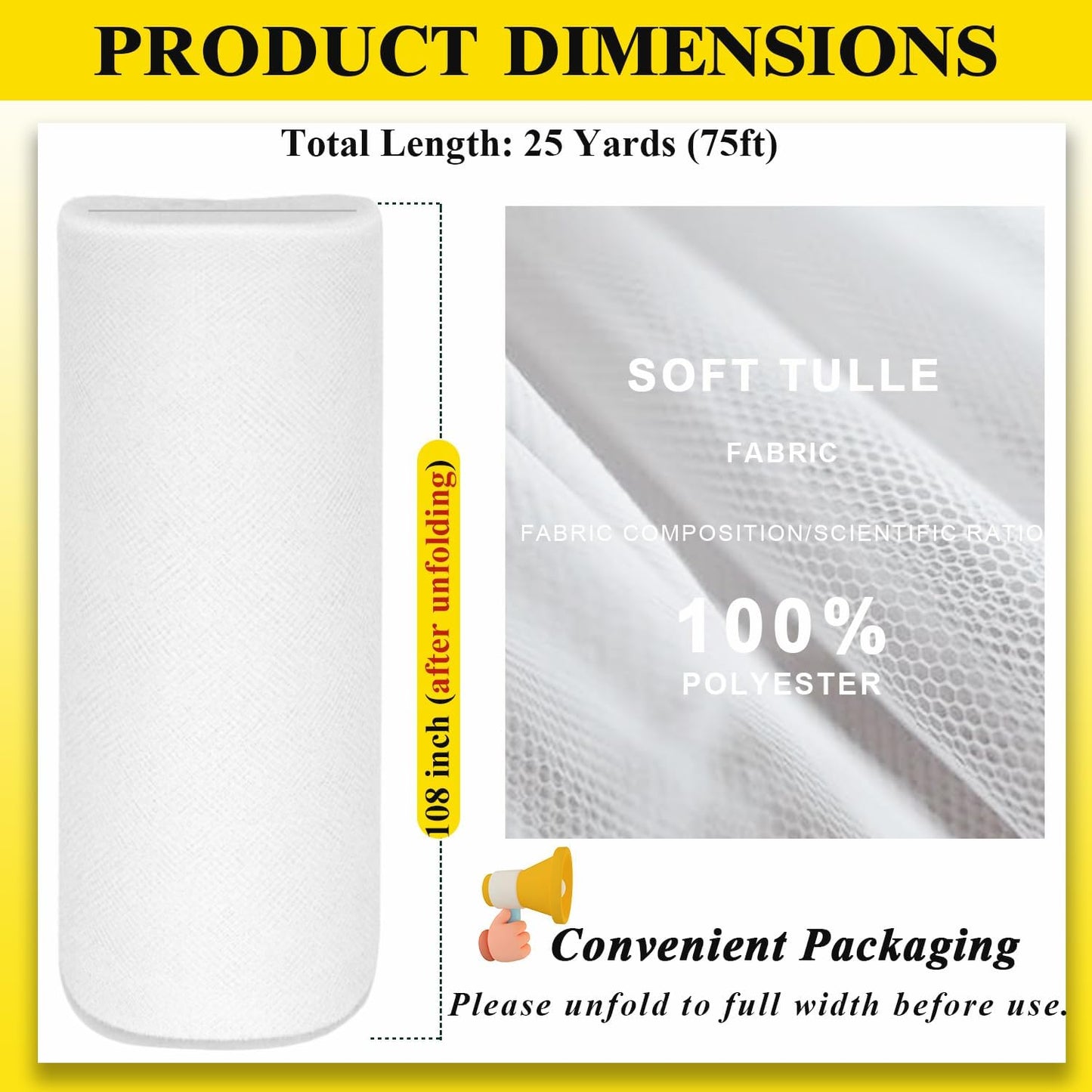 108 Inch 25 Yards White Tulle Fabric Roll, Extra Large Matte Tulle Netting Bolt for Wedding Ceiling Drapes Arch Banquet Party Decorations Tutu Skirt Baby Shower DIY Crafts Gift Wrapping (White)