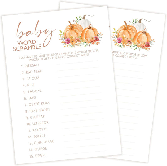 Baby Shower Games, Thanksgiving Baby Word Scramble + 1 Answer Card, 25 Sets Baby Gender Reveal Party Decorations Supplies - E07