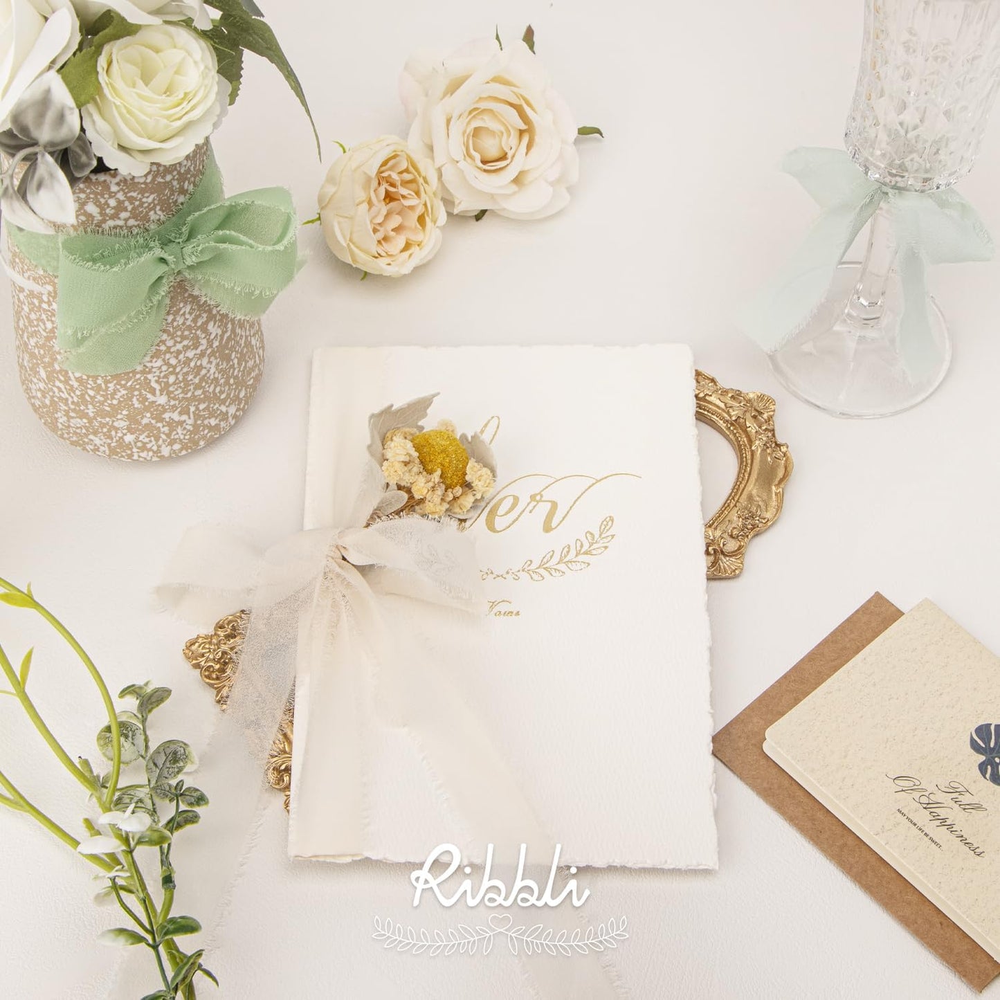 Ribbli Green Ribbon 1 Inch x 3 Rolls Total 24 Yards Ivory/Sage/Forest Green Handmade Fringe Chiffon Silk Ribbon for Wrapping Wedding Invitations Bridal Bouquets DIY Crafts Home Decor