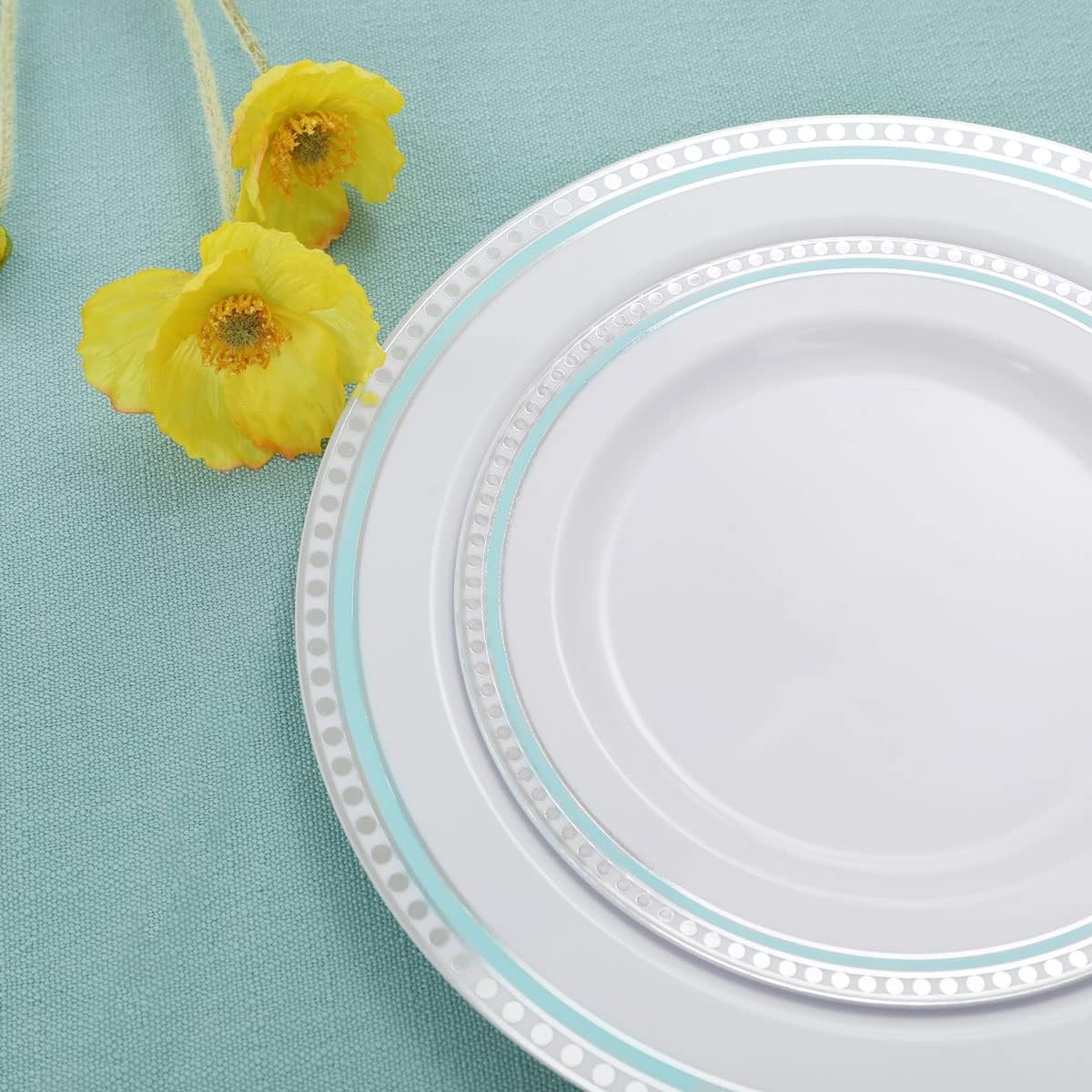 COLOSUS 125pcs Disposable Silver Blue Plastic Plates and Silverware .Light baby blue dinnerware party set include 25 Dinner Plate 25 Dessert Plate 75 silverware for Easter day Party Dinner