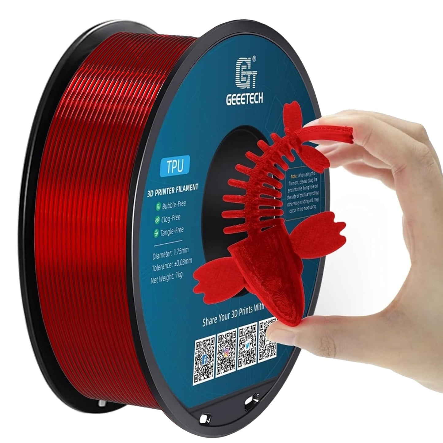 Geeetech TPU Filament 1.75mm, 1KG (2.2lbs) Spool – 95A Flexible 3D Printer Filament with High Elasticity, Dimensional Accuracy ±0.03mm, Fits Most FDM Printers, Clear Red