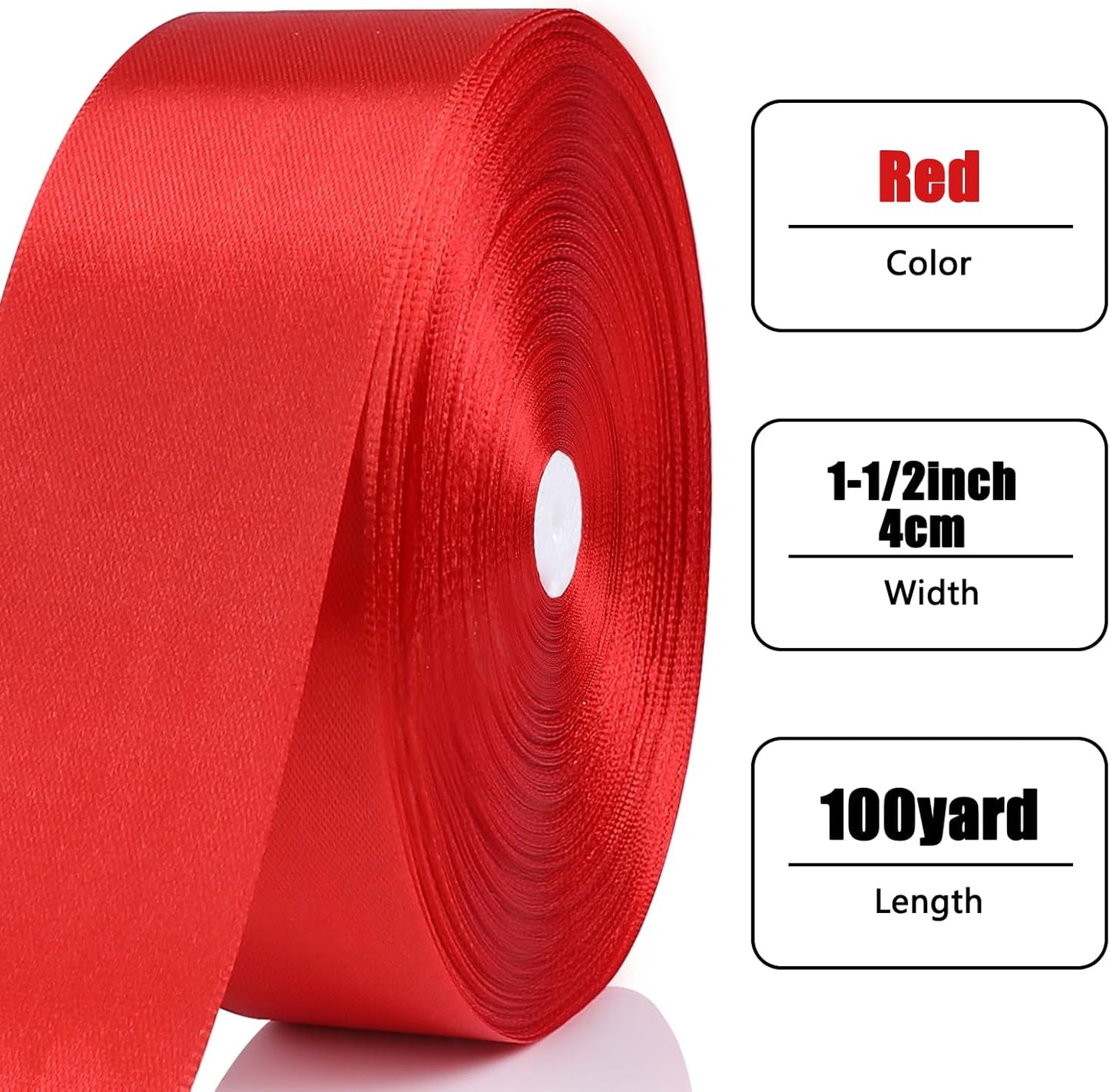 NESCCI 100 Yards Ribbon,1-1/2 Inch Red Satin Ribbon,Single Face Satin Ribbons,Perfect for Gift Wrapping,Wedding Decoration,Handmade Bows, Wrapping Bouquet,Halloween, Christmas