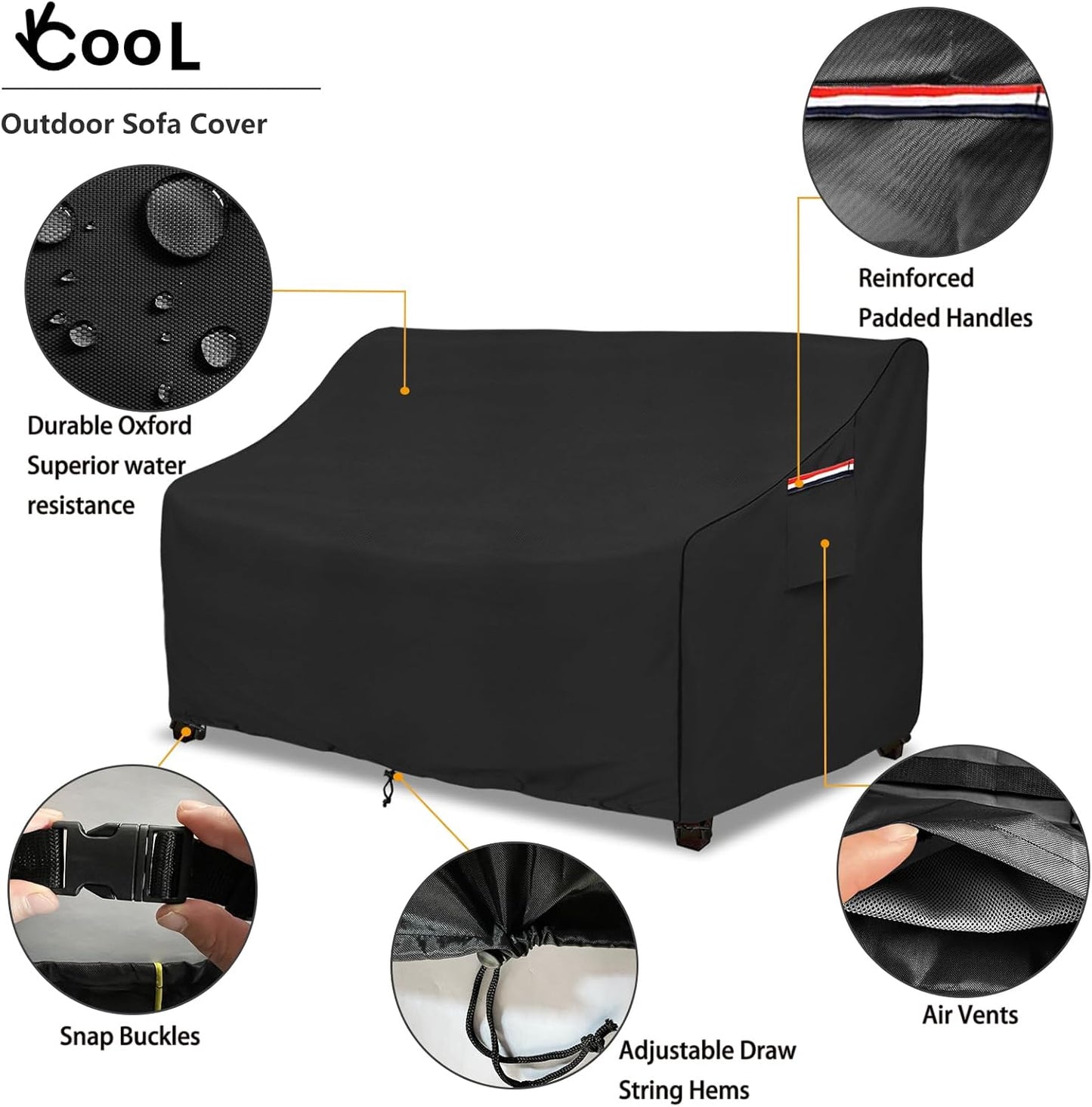 okcool Heavy Duty Patio Sofa Cover, 100% Waterproof 2-Seater Outdoor Sofa Cover Fits up to 58W x 32.5D x 31H Inches, Lawn Patio Furniture Covers,Black