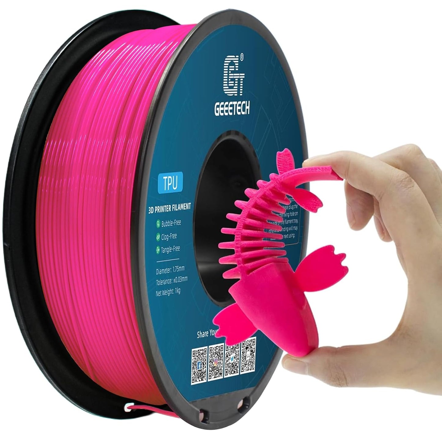 Geeetech TPU Filament 1.75mm – 95A Flexible 3D Printer Filament with High Elasticity, 1KG (2.2lbs) Spool, Dimensional Accuracy ±0.03mm, Fits Most FDM Printers (Pink)