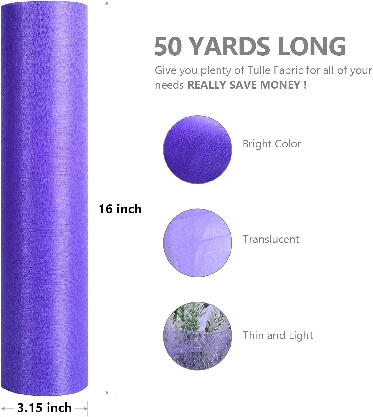 Crystal Organza Fabric Tulle - 16" by 50 Yards Sheer Fabric for Wedding Party Decoration Bridal Shower Tutu Roll Netting Spool Ribbon Wrapping (Purple)