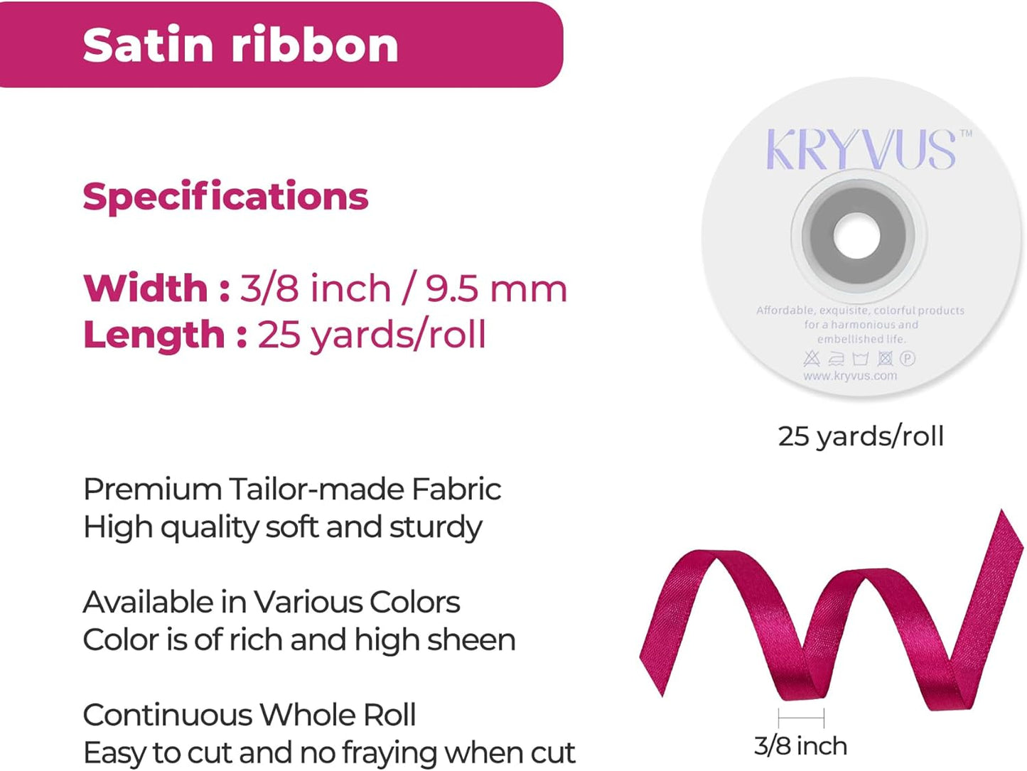 Rose Red Satin Ribbon 3/8 inch X Continuous 25 Yards, Single Face Polyester Ribbon Perfect for Gift Wrapping, Flower Bouquet, Wedding Decor, Crafts, Bow Making, Sewing and More