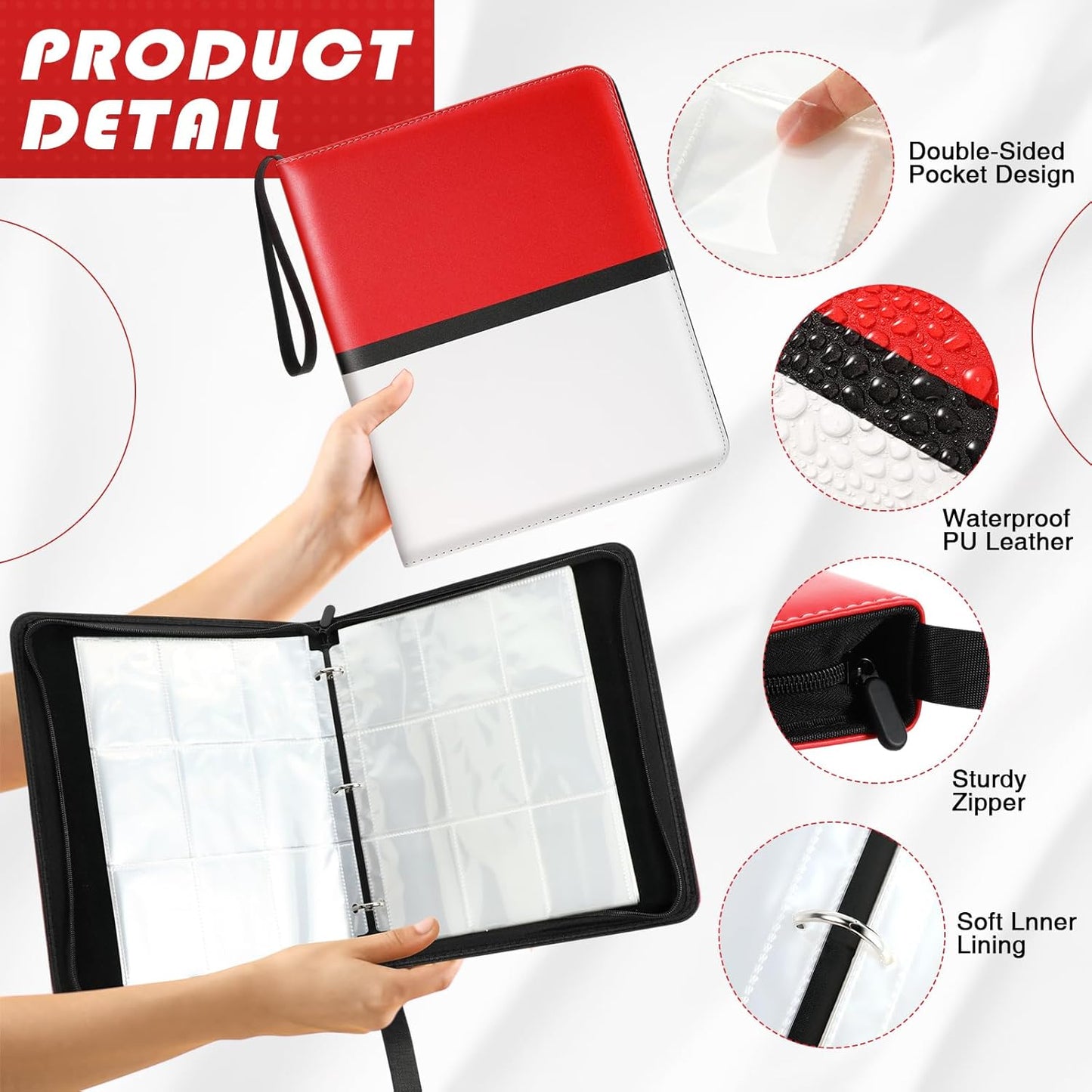 Pinkunn 2 Pack 9 Pocket Card Binder, 900 Double Sided Pocket PU Collection Binder White Red Zip Trading Card Collector Album Cards Folder Compatible with MTG, TCG, Sports Cards Game Birthday Gifts