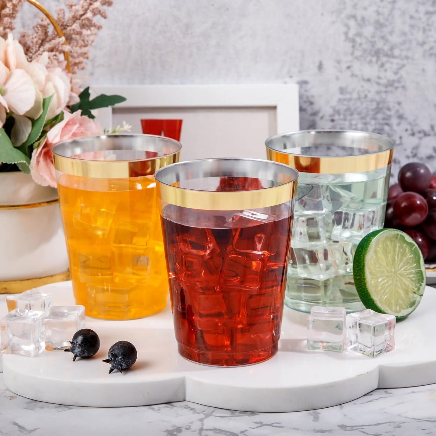 DaYammi 200 Pack Gold Plastic Cups 10 Oz Clear Plastic Cups Gold Rimmed Disposable Wine Glasses Heavy Duty Disposable Tumblers Drinking Cocktail Glasses for Party Wedding