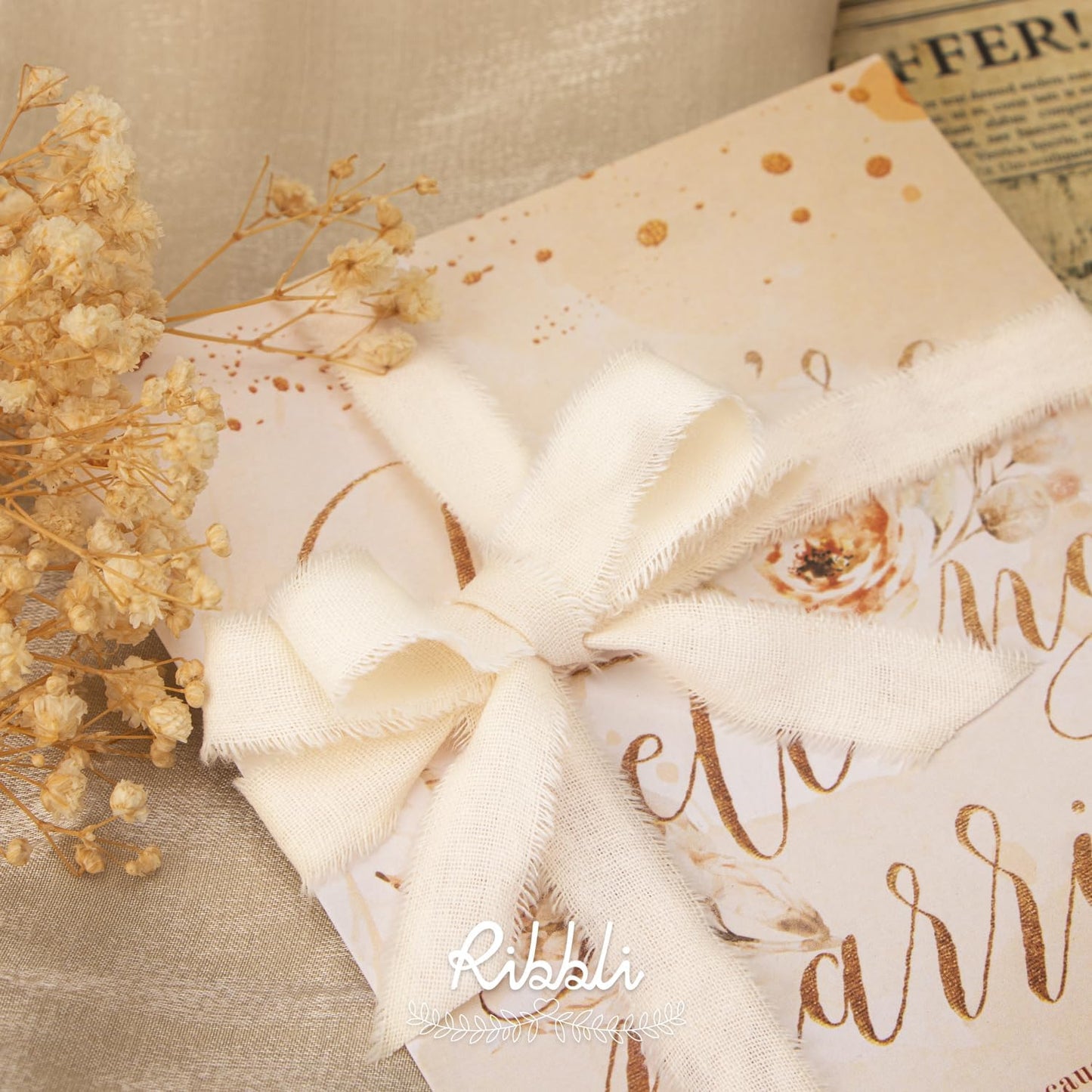 Ribbli 3 Rolls Ivory Ribbon 5/8 Inch x 18Yards Cream White Handmade Cotton Frayed Fringe Ribbons for Wrapping Wedding Invites Bridal Bouquets Baby Shower DIY Crafts Home Decor