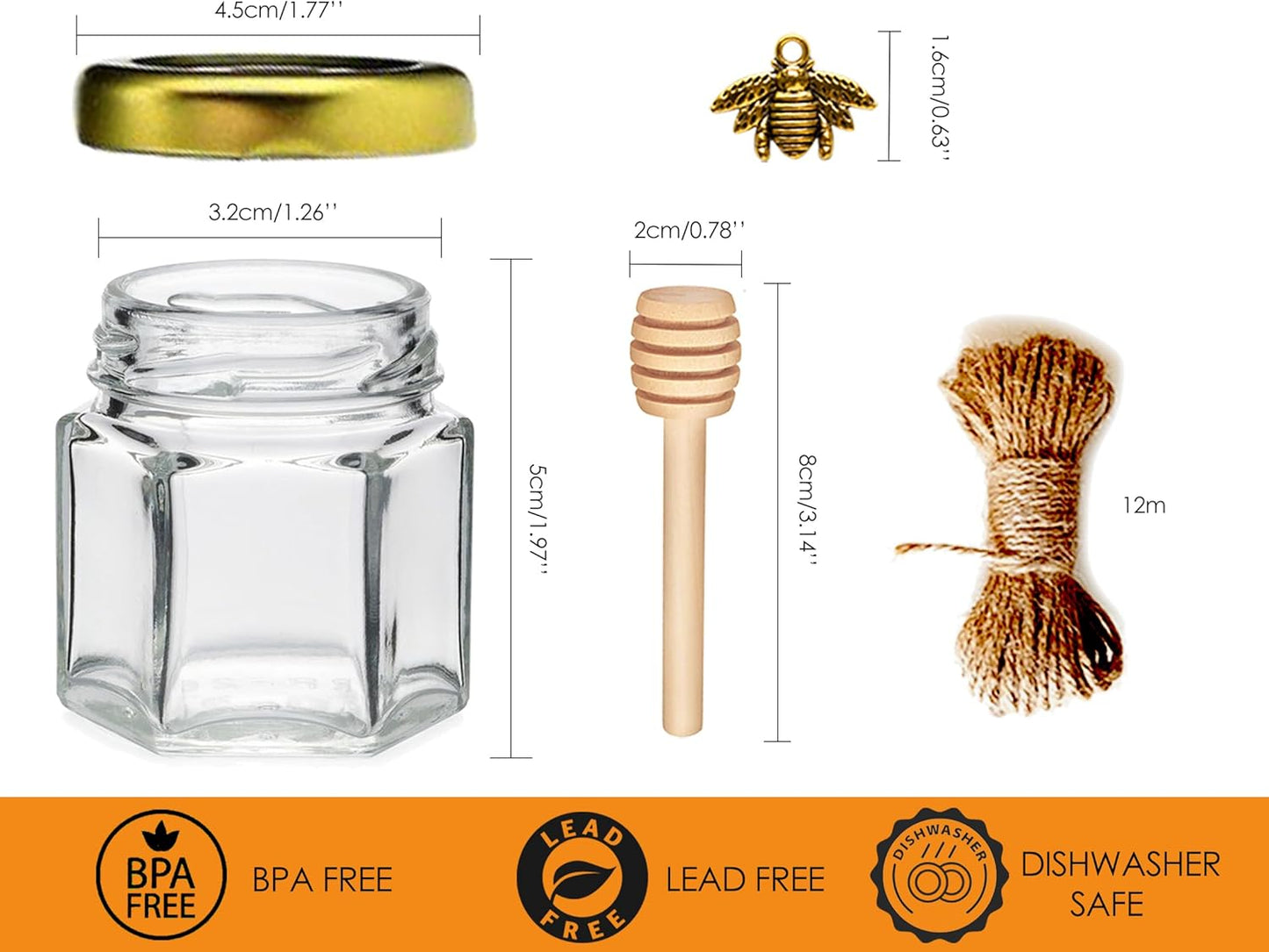Mini Honey Jars - Hexagon Little Glass Honey Jar with Gold Lids, Wooden Dippers, Bee Charms and Jutes - Small Honey Jars for Baby Showers, 20Pack