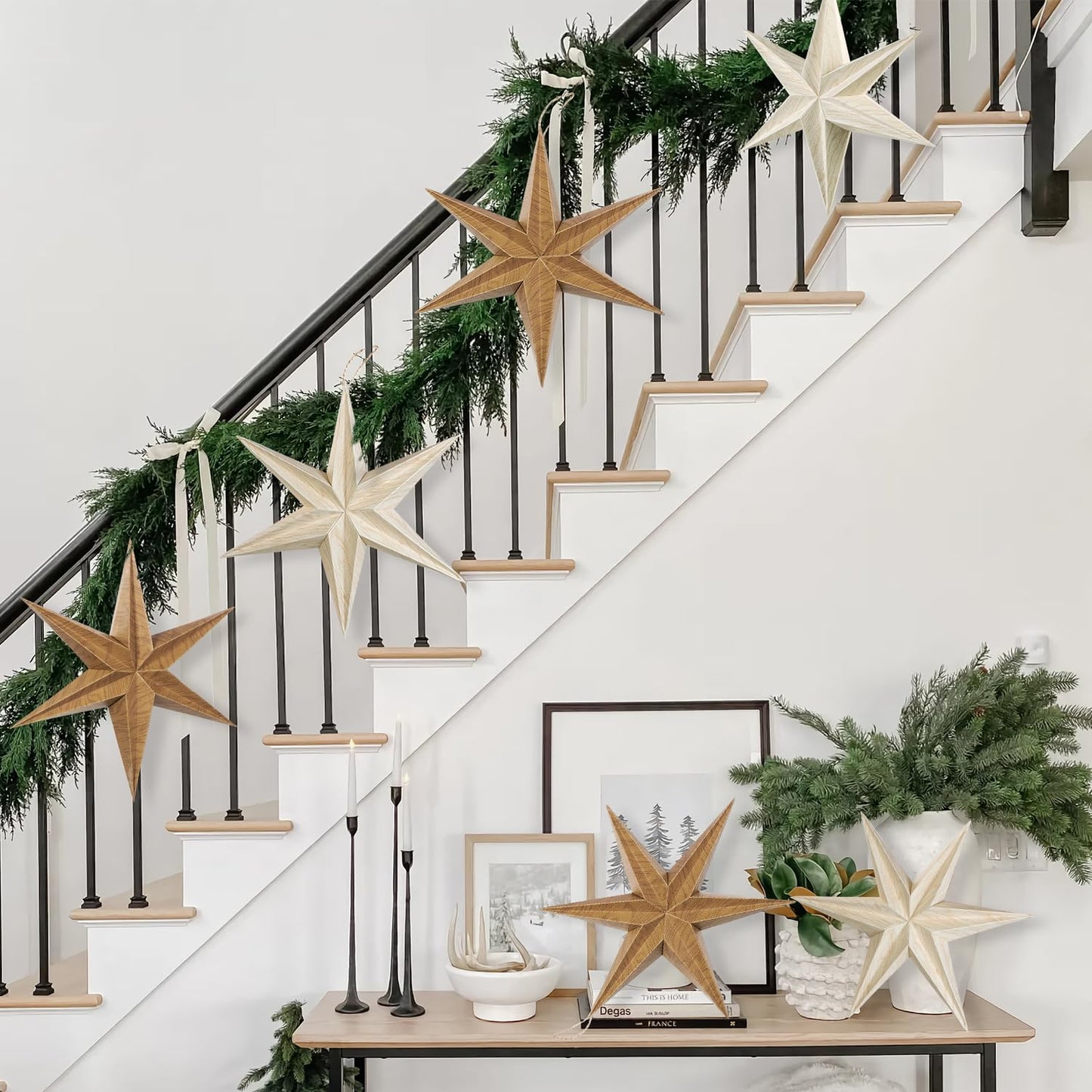 EASY JOY 5 Pcs Wood Grain Paper Star Lanterns 6-Pointed 12 Inch Christmas Hanging Lamp Rustic Paper Decorations Vintage Christmas Home Hanging Decoration for Xmas Tree Wedding Birthday Party Decor