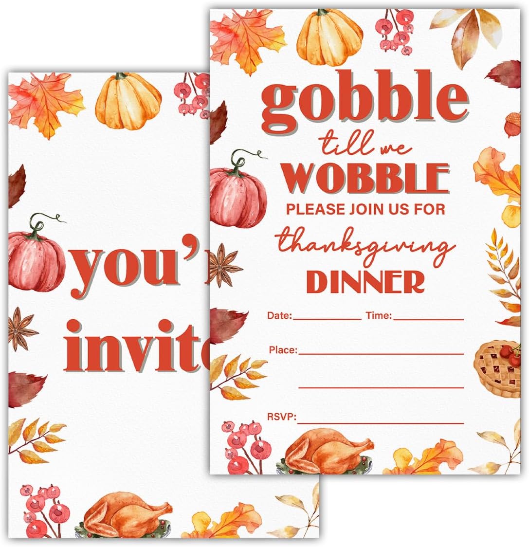 Thanksgiving Party Invitations Fall Pumpkins Turkey Friendsgiving Thanksgiving Dinner Party Fill in Invites Cards With Envelopes (20 Count), Double Sided Design