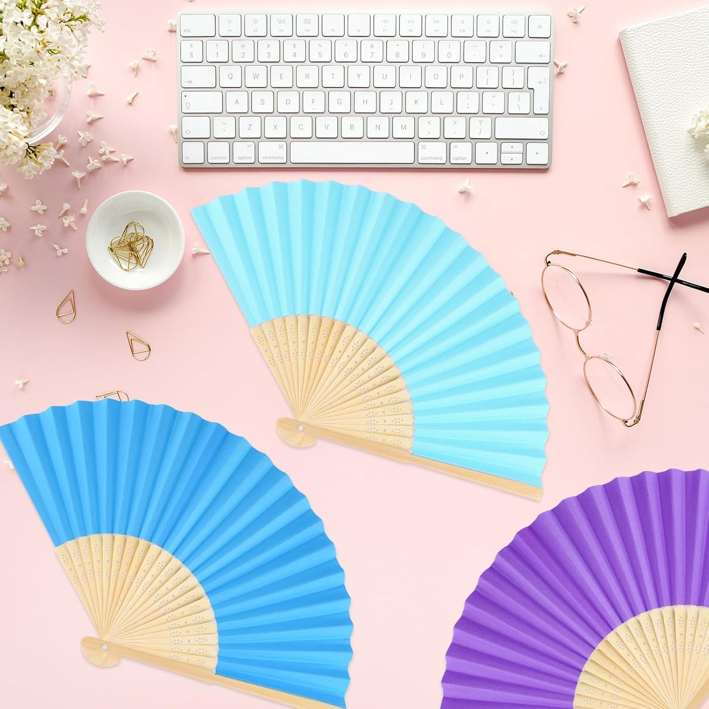 48 Pieces Hand Held Bamboo Folding Fans Paper Fans Handheld for Women Foldable Girls Wedding Decoration Church Home Party Favors Summer (Multicolor)