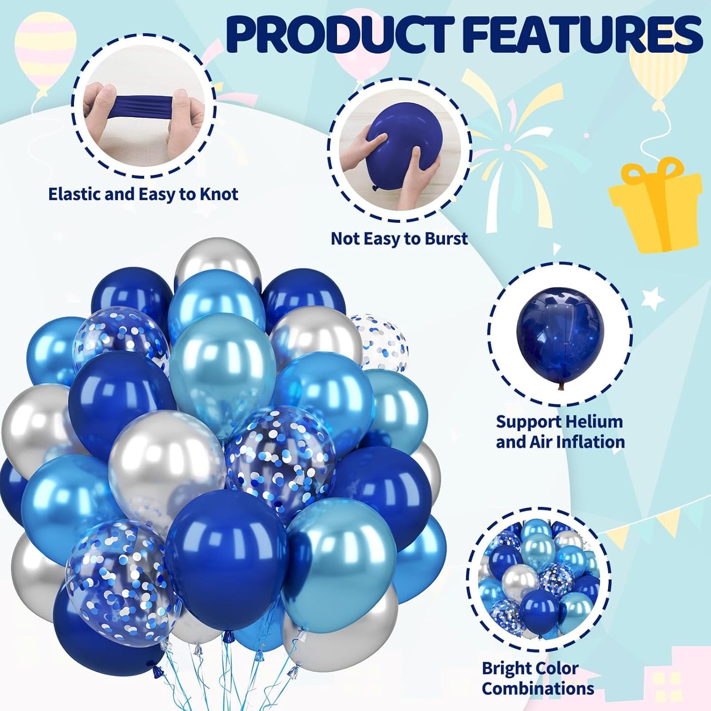 Paready Blue Silver Balloons, 50PCS Navy Royal Blue Balloons, 12 Inch Confetti Balloon Metallic Silver Party Balloon for Boys Men Baby Shower Graduation Wedding Retirement Birthday Party Decorations