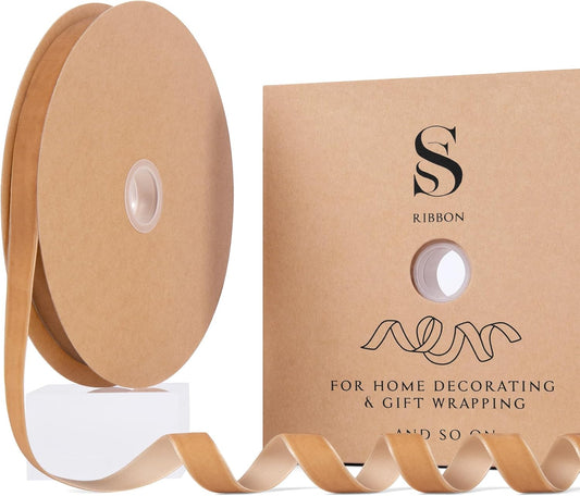 Camel Christmas Velvet Ribbon for Tree, Gift Wrapping, Flower Bouquet, Wreath Decorations, Bow Making 5/8'', 25 Yards