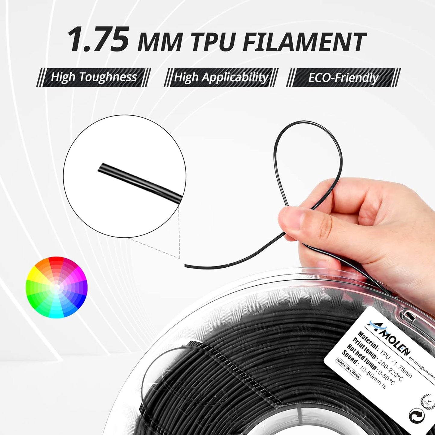 AMOLEN TPU 3D Printer Filament 1.75mm, Flexible Soft TPU 3D Printing Filament Supports High Speed, 1kg Spool(2.2lbs), Black