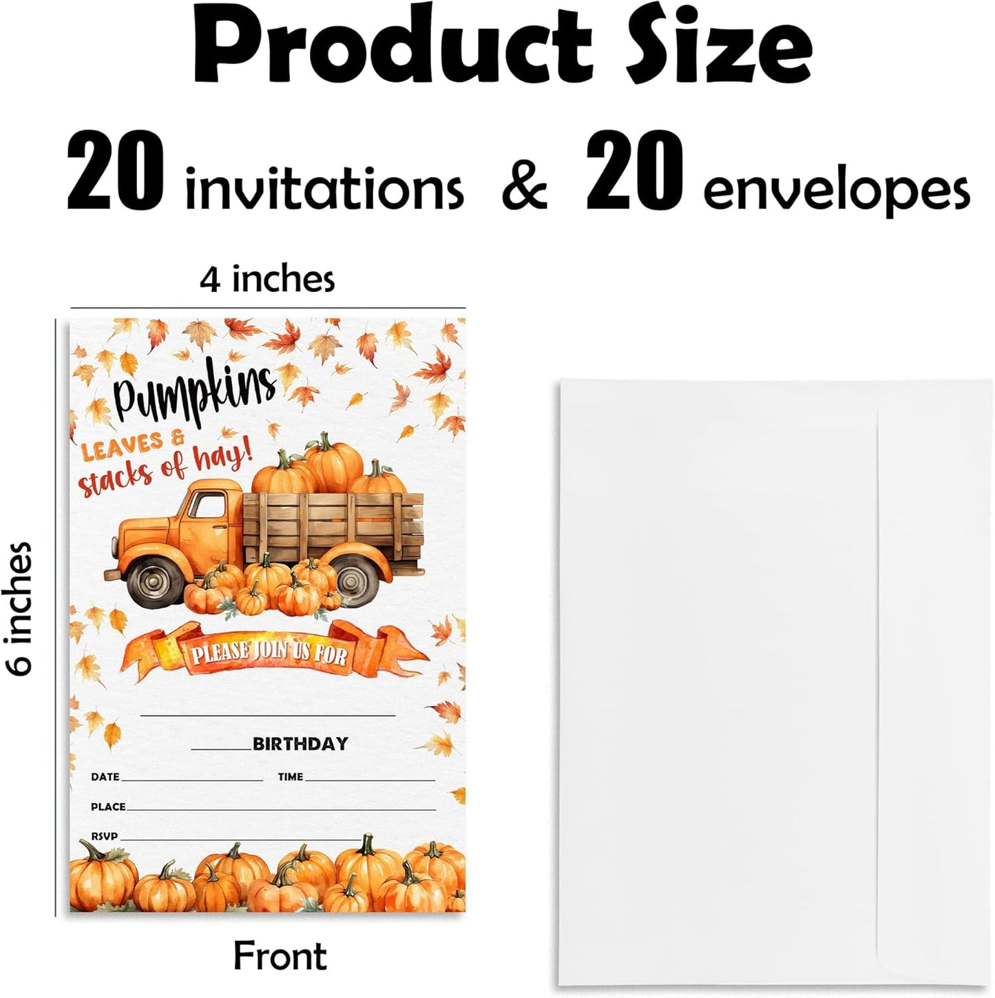 Leaves & Stacks Of Hay Birthday Party Invitation - Set Of 20 Fall Pumpkin Invite Cards With Envelopes - Autumn Birthday Invitation Cards For Boys Girls - Thanksgiving Birthday Party Supplies Decor-A06