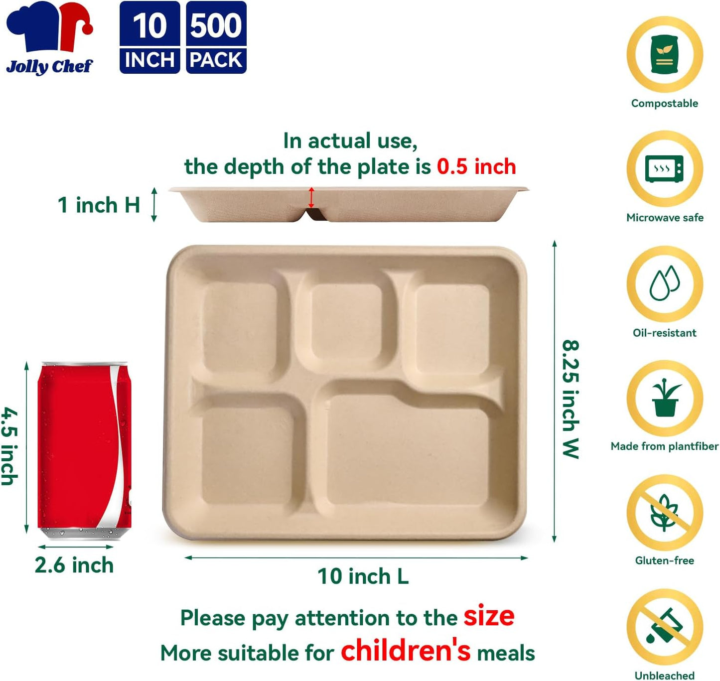 JOLLY CHEF Compostable 𝟱 Compartment Paper Plates 𝟭𝟭 * 𝟴 𝗶𝗻𝗰𝗵 [𝟱𝟬𝟬 𝗣𝗮𝗰𝗸] Heavy Duty Natural Divided Disposable Eco-Friendly Biodegradable Containers Food Trays for Dinner Lunch Buffet