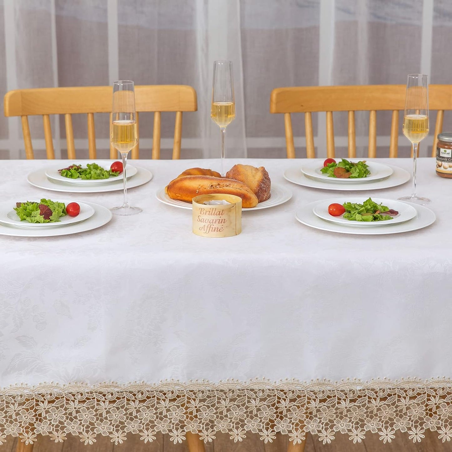 Beige lace Premium Rectangle Farmhouse Tablecloth Waterproof OilProof SpillProof AntiShrink Soft Wrinkle Resistant Decorative Fabric Table Cover Kitchen Dinning Party Wedding Banquet