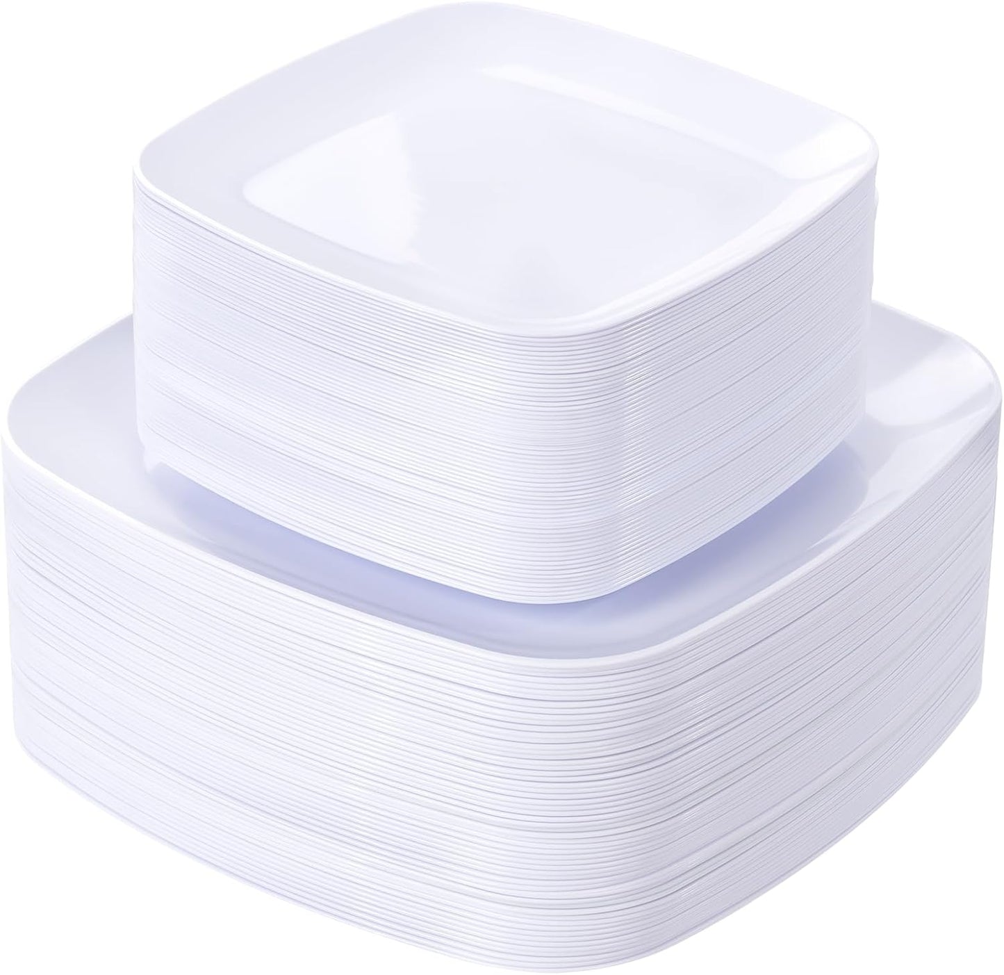 PULOTE 100PCS White Plastic Plates - White Square Disposable Include 50 Dinner 10 inch & 50 Dessert 7.25inch Plates, Ideal for Party & Wedding