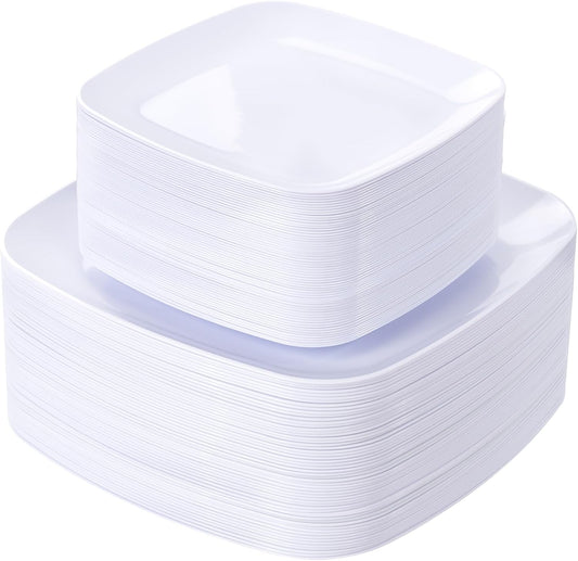 PULOTE 100PCS White Plastic Plates - White Square Disposable Include 50 Dinner 10 inch & 50 Dessert 7.25inch Plates, Ideal for Party & Wedding