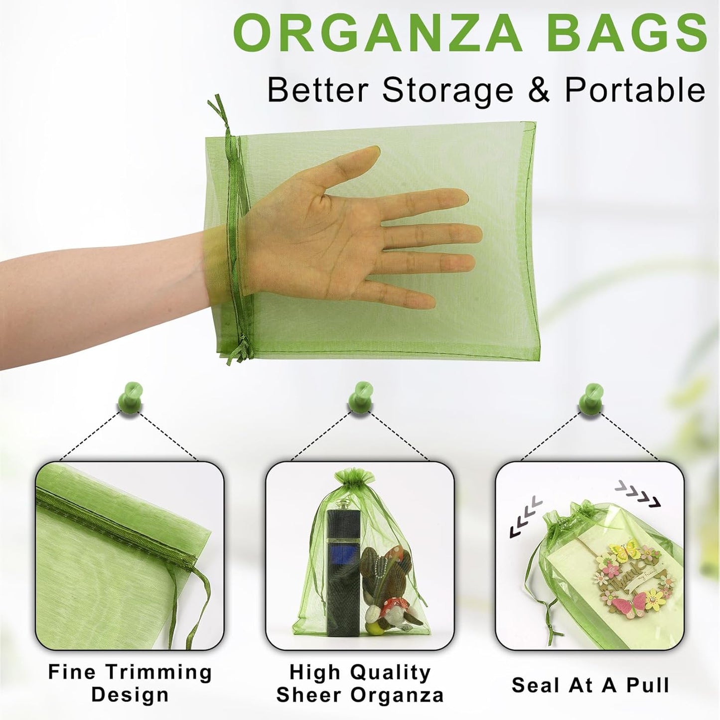 ANZNKU 100 Pack Green Organza Bags 6x9 inches Mesh Bags Drawstring, Sheer Organza Gift Pouches for Party Favor Wedding Christmas