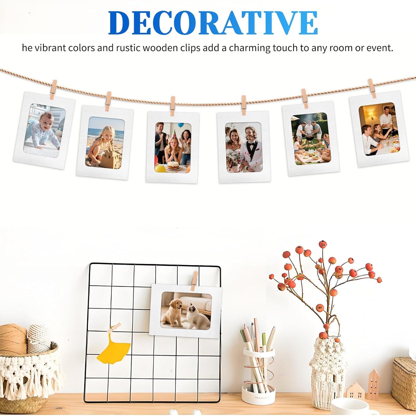 100 Pack Paper Picture Frames, 4x6 Inch Photo Strip Frame Hanging Photo Display Banner, White Photo Holder with Wooden Clips and String for Wall Decor and Party Supplies