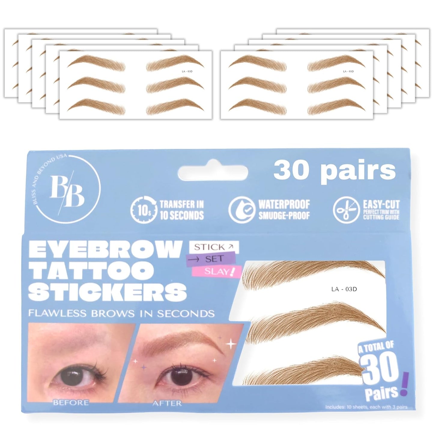 Bliss and Beyond USA Eyebrow Tattoo Stickers Waterproof – 30-Pair Deluxe Box | Realistic Hair-Like Temporary Brows for Alopecia, Cancer, and Hair Loss (Light Brown, Dramatic Los Angeles)