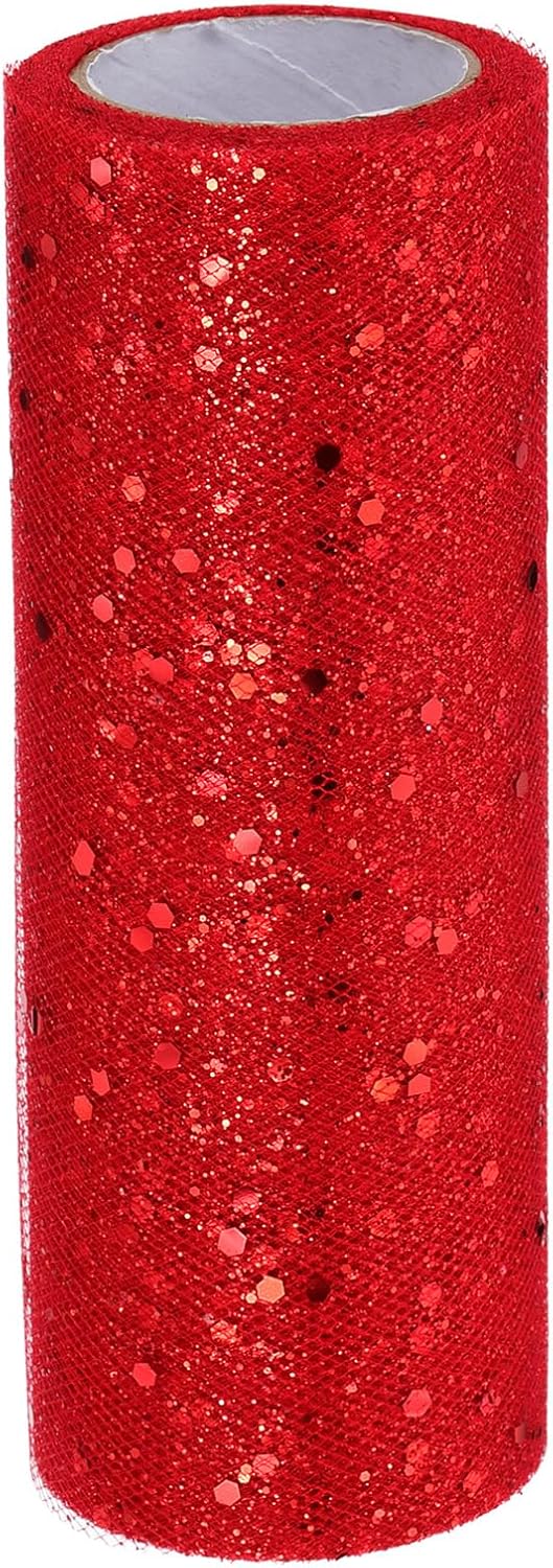 PATIKIL Tulle Fabric Rolls, 6 Inch by 10 Yards Fabric Spool Tulle Sparkling Ribbon Netting Sequin for DIY Tutu Skirts Crafts Wedding Party Decorations, Red