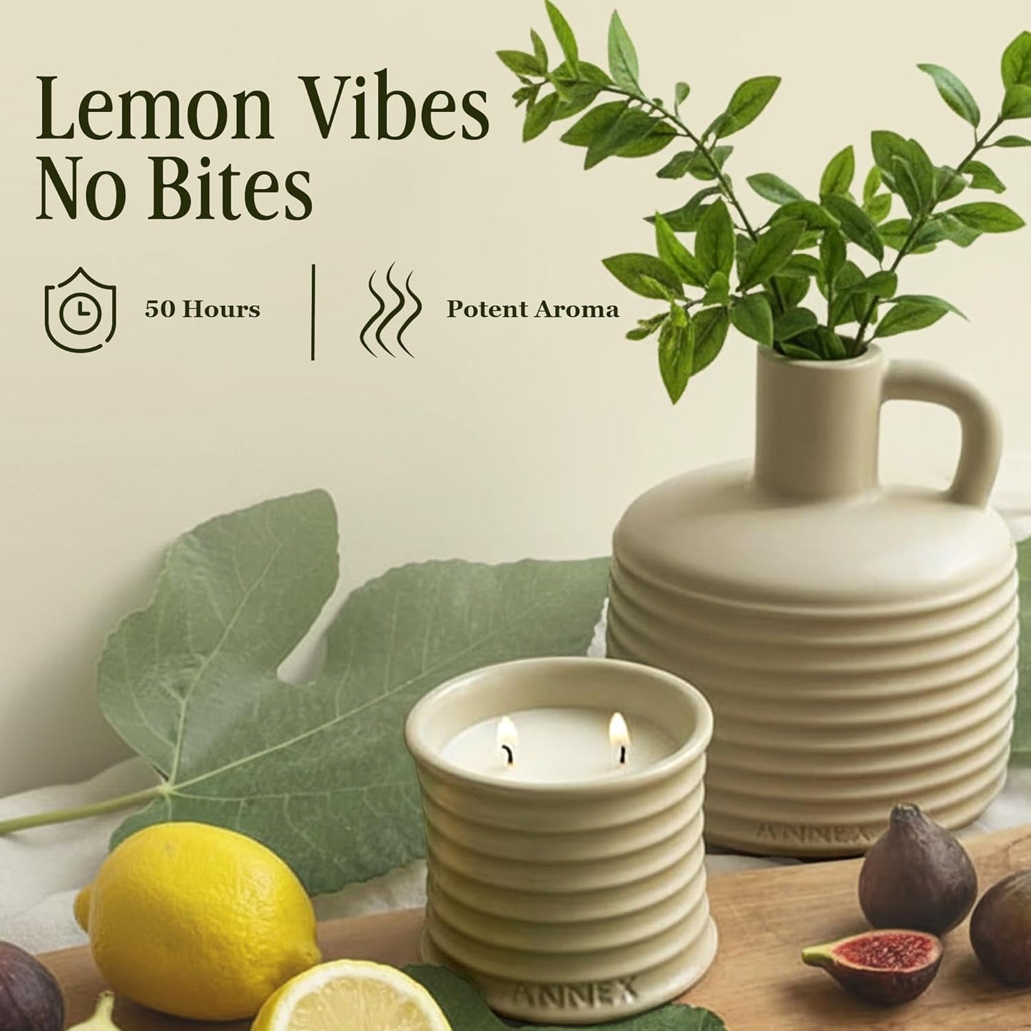 Scented Luxury Citronella Candles outdoor, Mosquito Bug Repellent | Handmade Ceramic Jars, Soy Wax | Cloudy Pillow - Fig Leaf & Lemon, Large Natural Candle | Non Toxic, 2 Wicks, Reusable Big Beige Jar