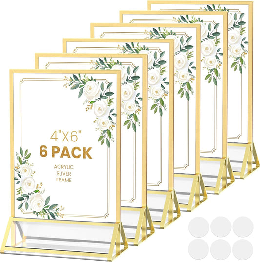 Acrylic Sign Holder 4X6 Gold Picture Frame Double-Sided Acrylic Frames for Wedding Table Numbers Photo Frames Flyers Menu with Removable Sticky Dots-6 Pack