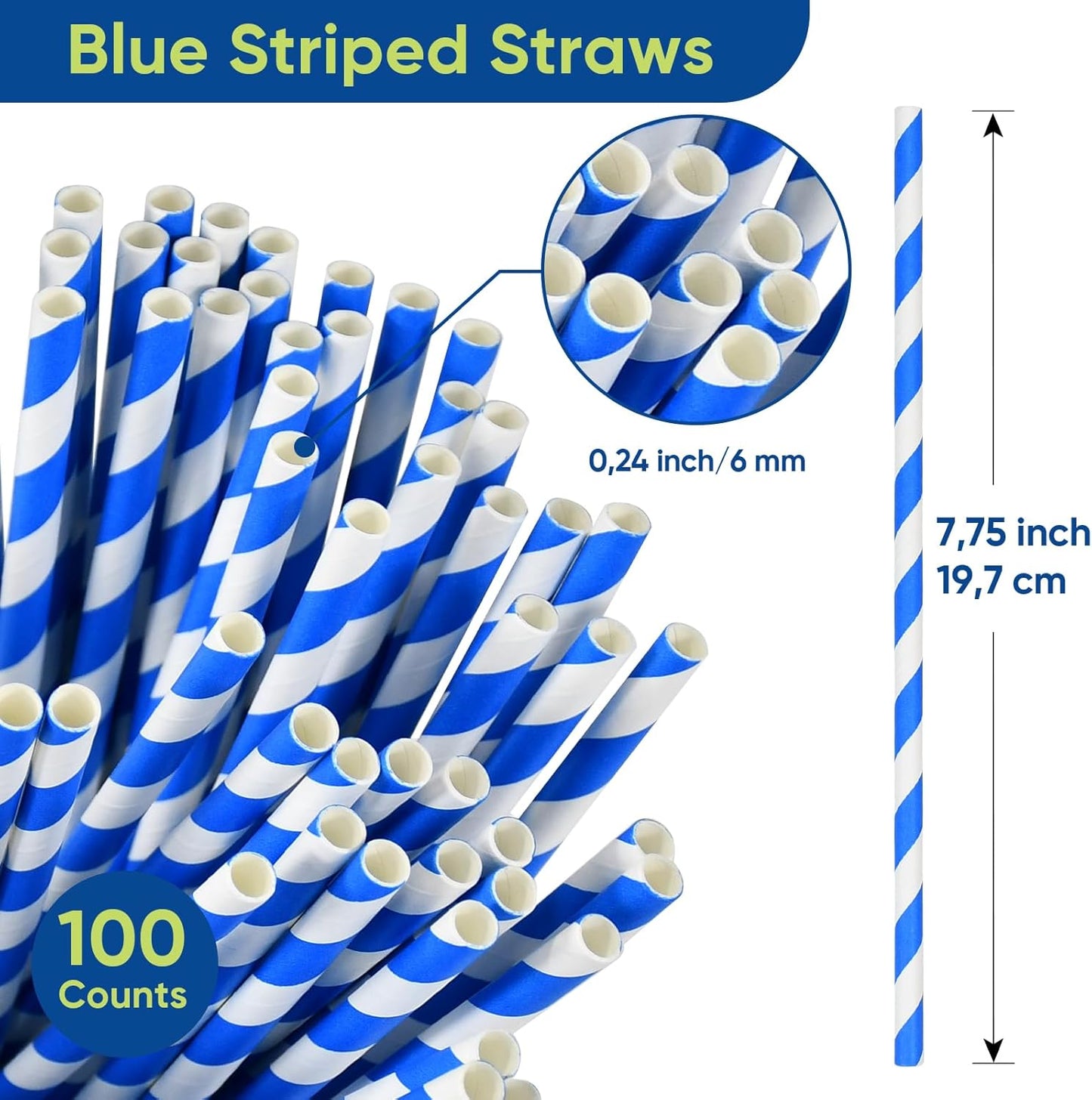 Blue Stripes Disposable Paper Party Straws for Drinking 7.75 inch 100 Counts, Compostable - for Cocktail, Coffee, Juice