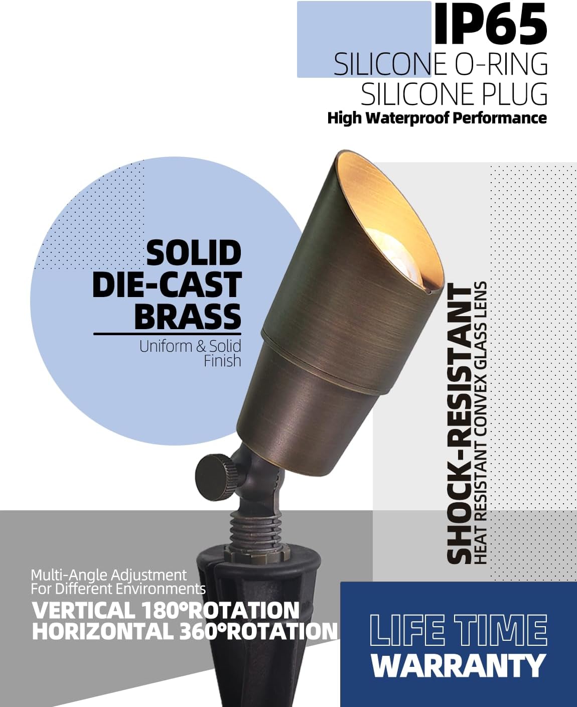 MALORY Brass Landscape Spotlight 10-Pack with Bulb(S01), Low Voltage 12V AC/DC LED Outdoor Landscape Lighting,PVC Ground Stake and Wire Connector Included, Garden Patio Trees Spot Uplight