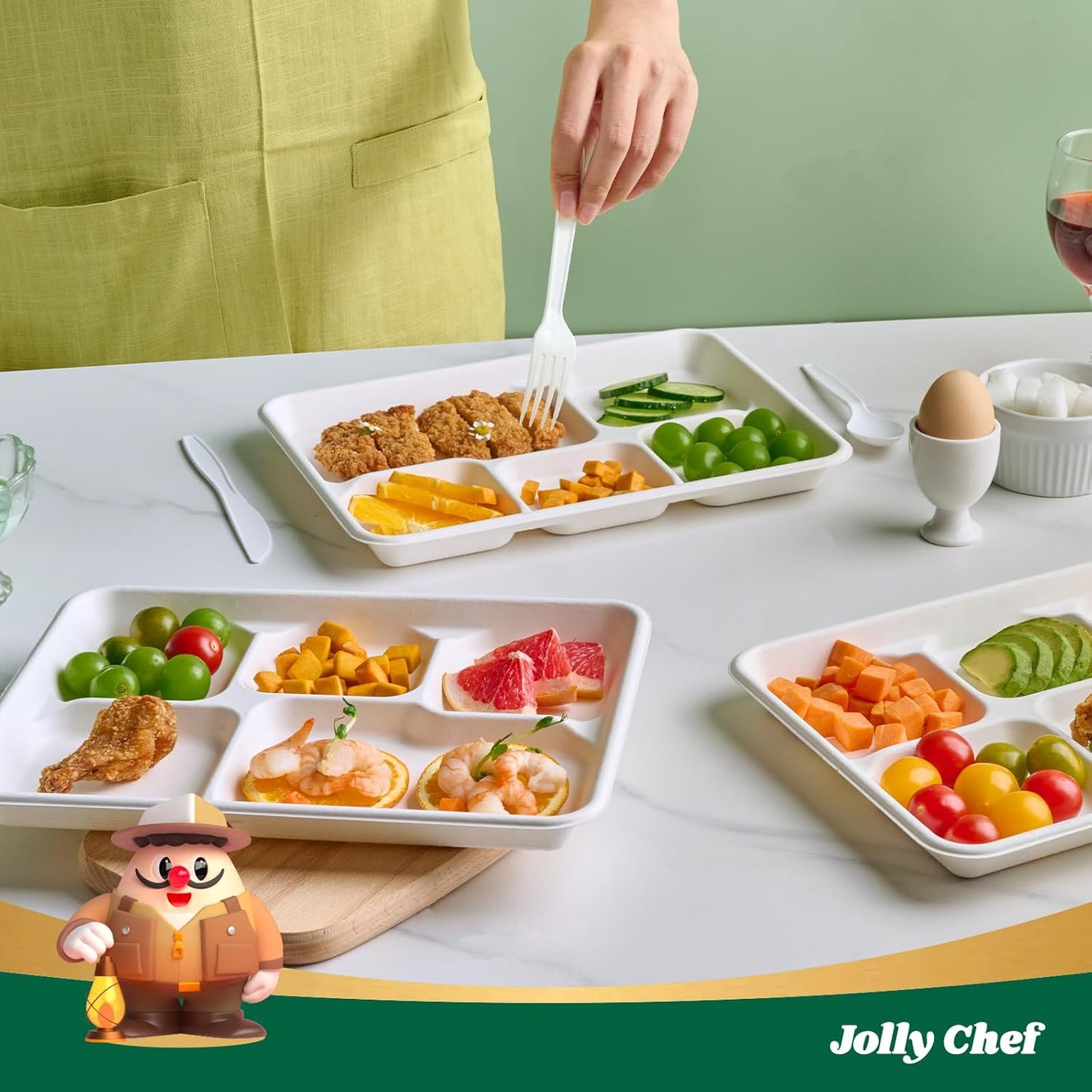 JOLLY CHEF Compostable 𝟱 Compartment Paper Plates 𝟭𝟭 * 𝟴 𝗶𝗻𝗰𝗵 [𝟭𝟬𝟬 𝗣𝗮𝗰𝗸] Heavy Duty White Divided Disposable Plate Eco-Friendly Biodegradable Containers Food Tray for Party Lunch Buffet