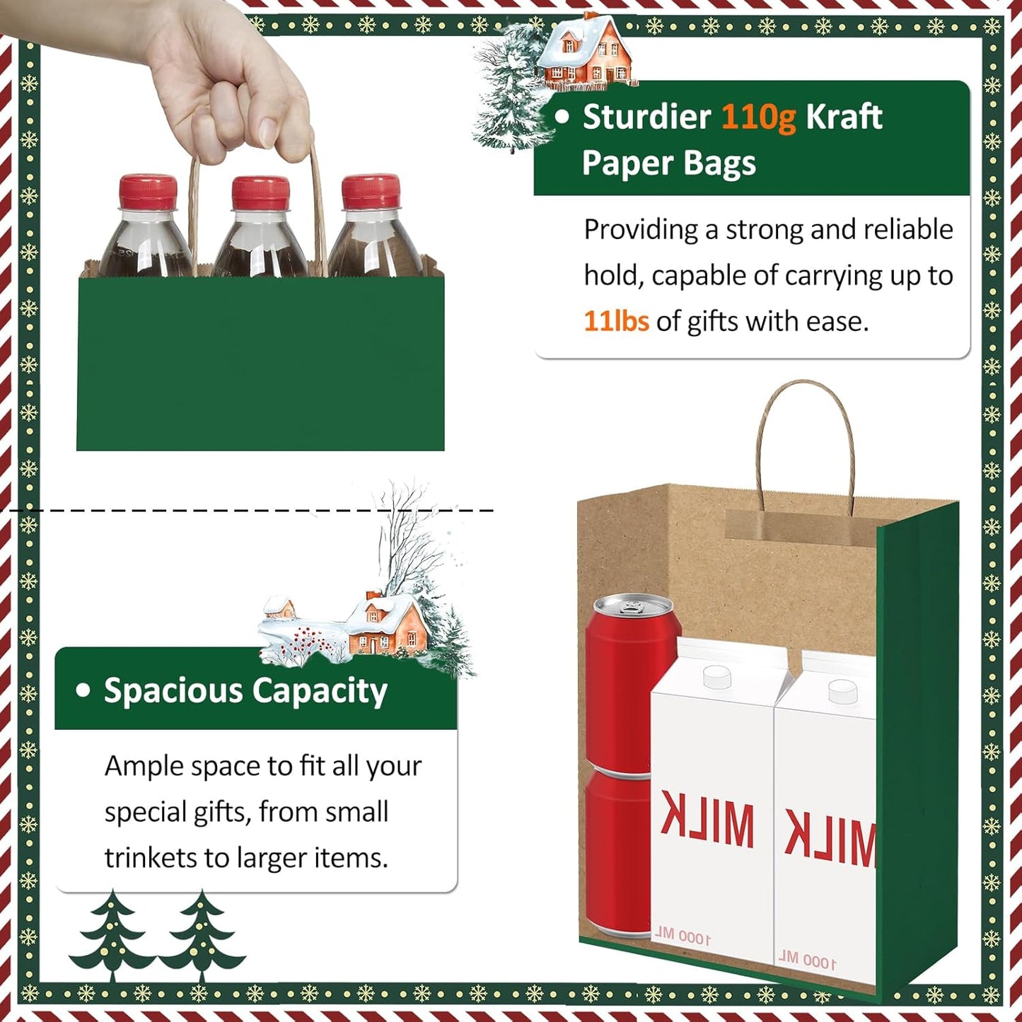 BagDream Forest Green Paper Bags with Handles Bulk 10x5x13 Inch 100Pcs Large Kraft Paper Gift Bags for Christmas, Thanksgiving, Outings, Craft, Retail, Grocery, Shopping, Recyclable