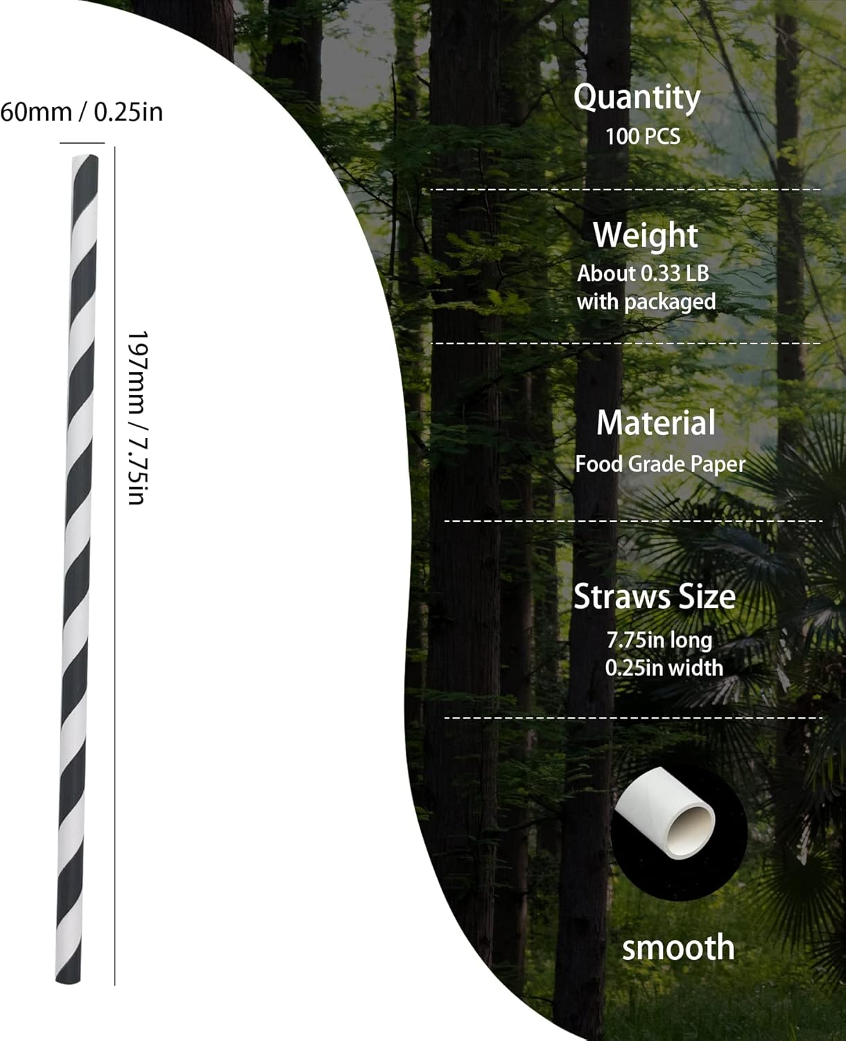 Biodegradable Black Striped Paper Straws, Pack of 100 Disposable Black White Stripes Paper Drinking Straw for Restaurants, Juices, Smoothies