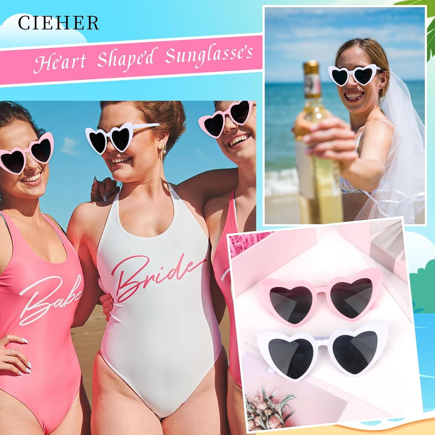 CIEHER Bachelorette Party Favors - White Black Heart Sunglasses for Bride Bridesmaid