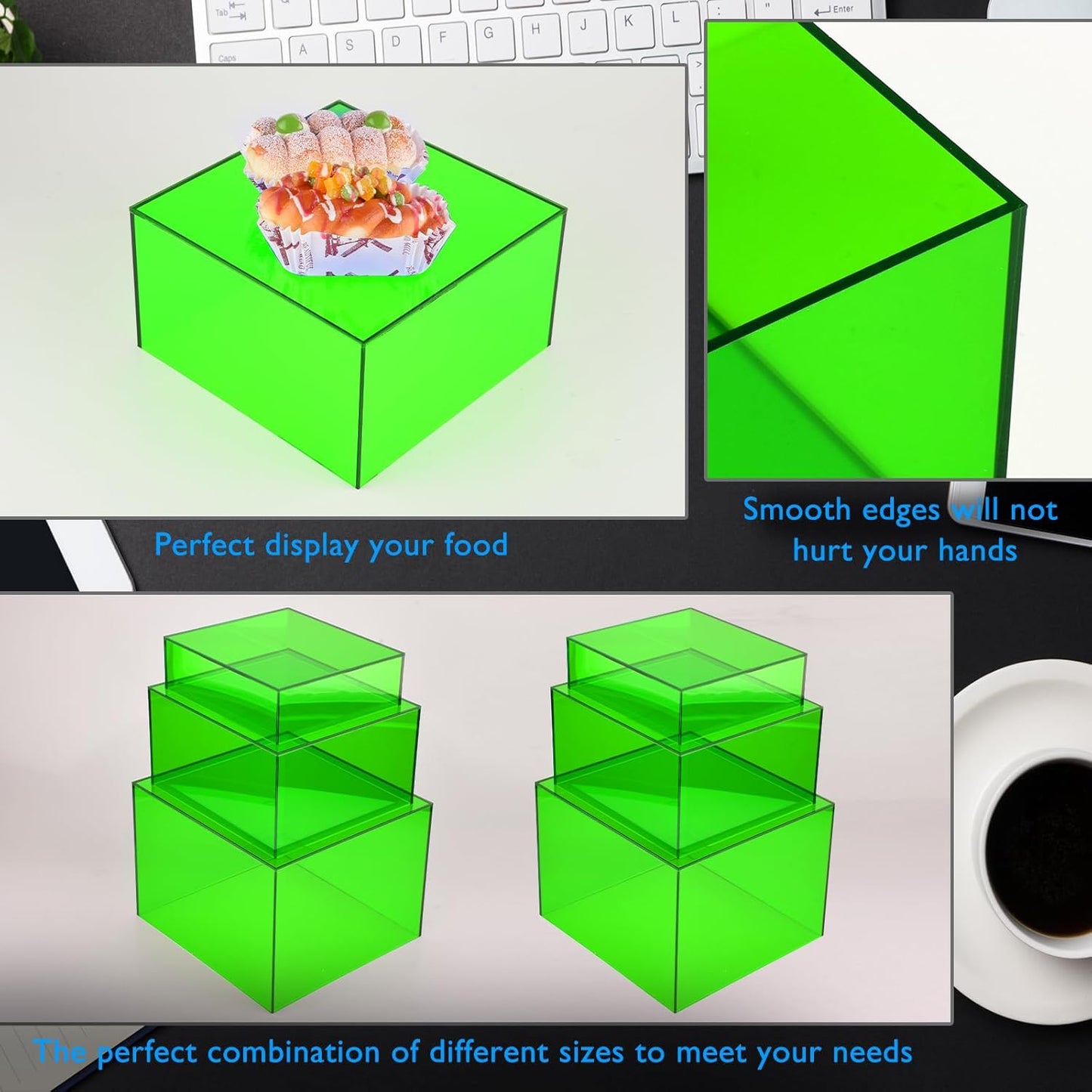 Green Buffet Risers 3 Pcs Acrylic Boxes Display Risers for Buffet Table Parties Weddings Catering & Collectibles (6''x7''x8'')