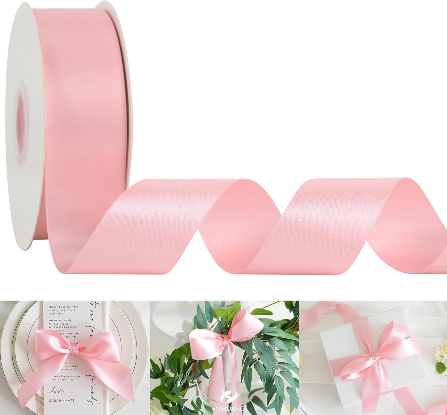 HUIHUANG Pink Satin Ribbon 1-1/2 inch x 50 Yards Double-Faced Silk Like Ribbon for Flower Bouquet, Eternal Flowers, DIY Crafts, Party Favors, Bridal Shower Wedding Decor, Gift Wrapping, Bows