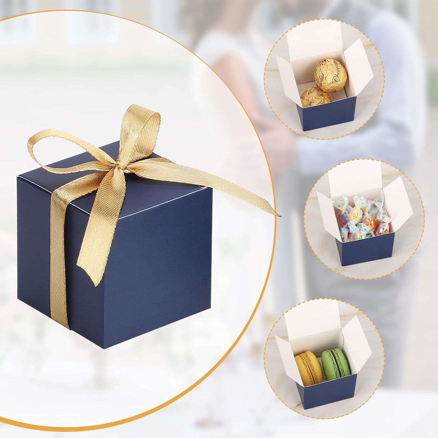EUSOAR Favor Boxes, 120pcs 2x2x2 Inches Royal Blue Small Treat Boxes Mini Cookies Container with Gold Ribbon, Paper Cube Macaron Candy Box Soap Storage for Wedding Birthday Party DIY Supplies