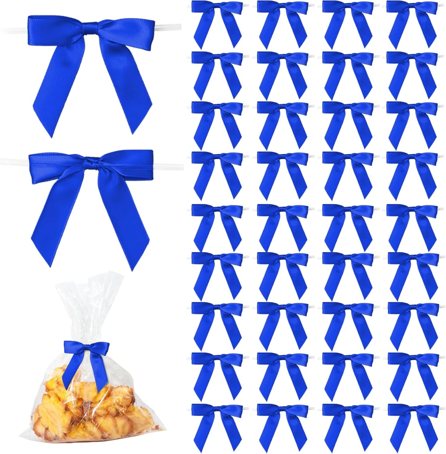 50Pcs Royal Blue Twist Tie Bows for Gift Wrapping 2.5" Satin Ribbon Bow for Treat Bags Balloons Birthday Party Favors Wedding Decorations
