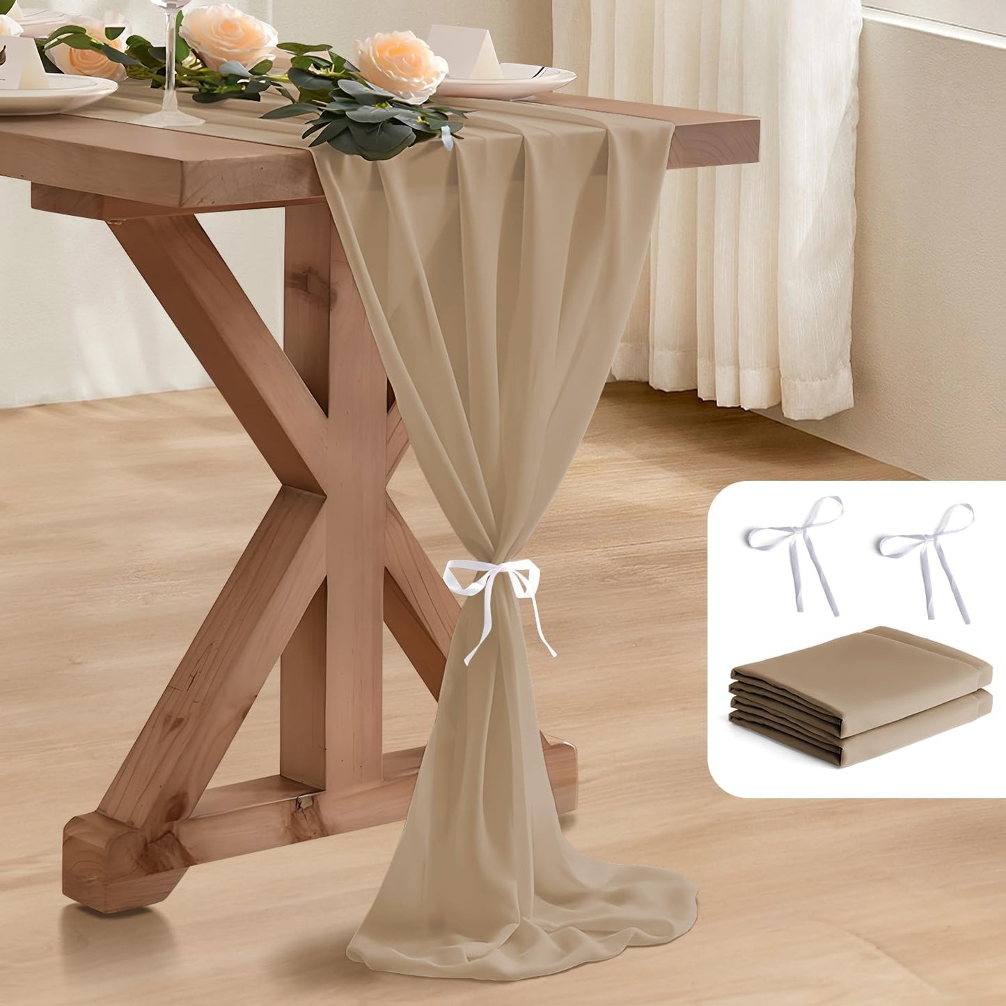 6 Pack 10 Ft Chiffon Table Runner Beige Gauze Long Table Runners 27x120 Inches Sheer Tulle Table Runner for Rustic Wedding Reception Bridal Shower Decorations Birthday Party