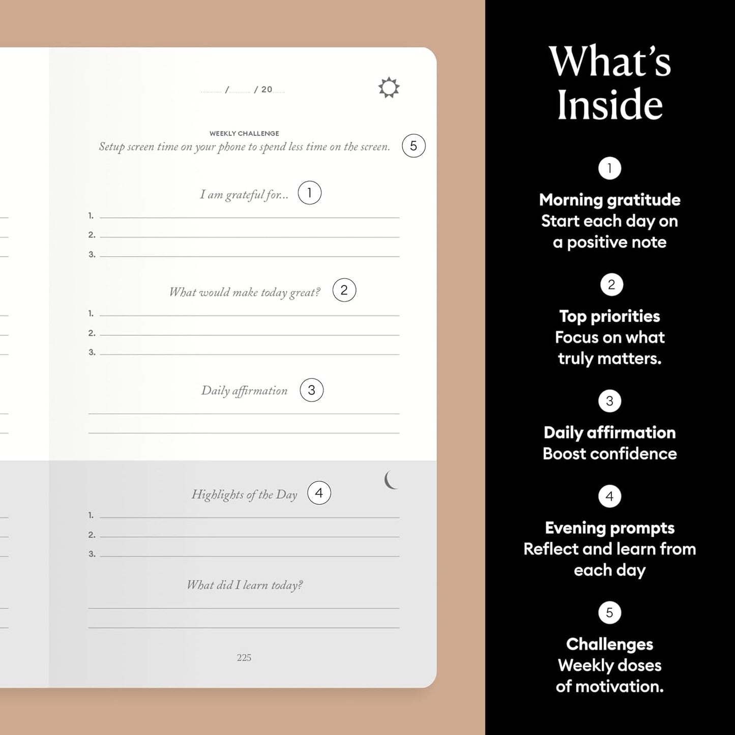 Intelligent Change The Five Minute Journal, Original Daily Gratitude Journal 2025, Reflection & Manifestation Journal for Mindfulness, Undated Daily Journal with Gold Foiling, Plastic-Free, Black