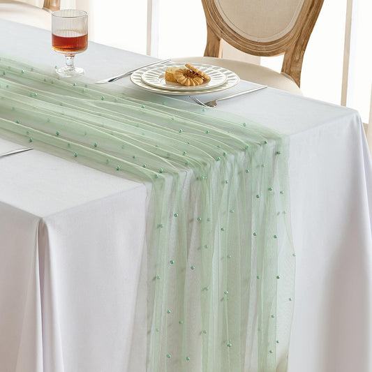 Fanami 3 Pack Pearl Table Runner -10FT Sage Green Boho Tulle Table Runners 120 Inches Long Rustic Sheer Lace Fabric Centerpieces for Wedding Arch Birthday Party Bridal Veil Baby Shower Decorations
