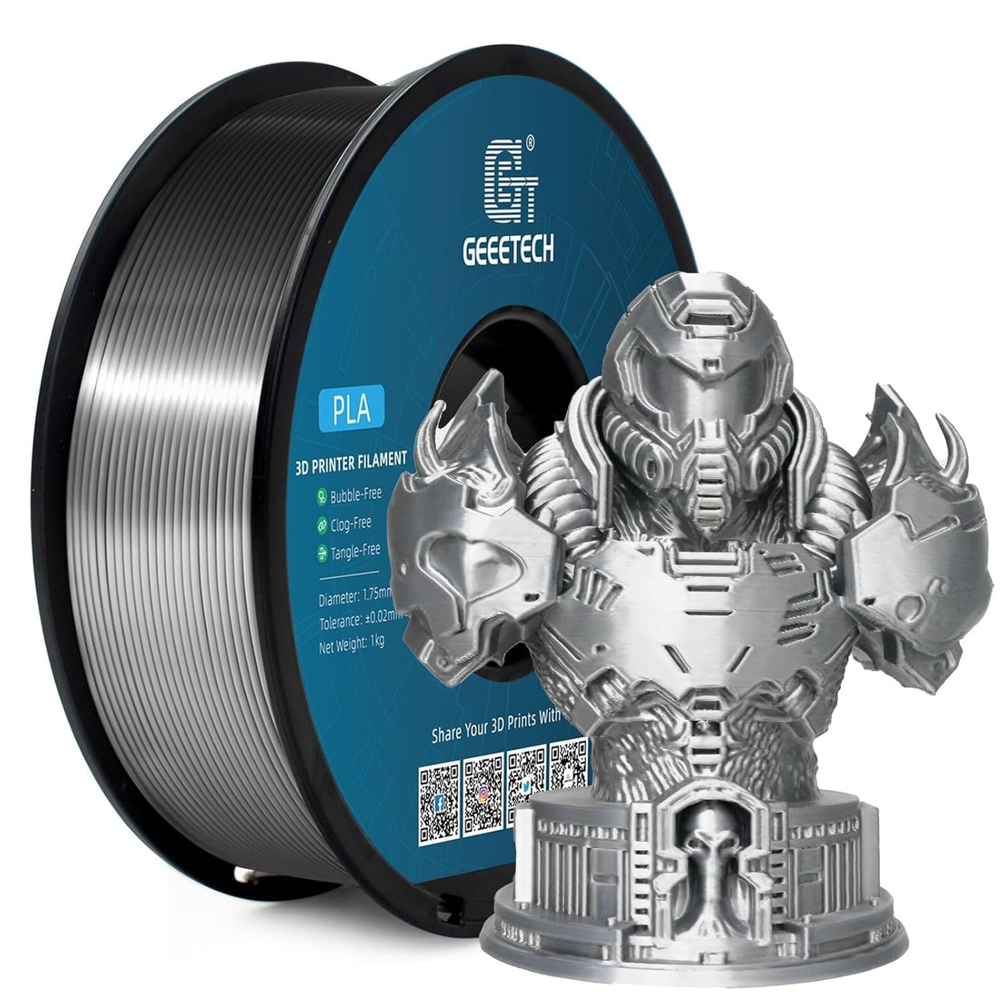 Geeetech Silk PLA Filament 1.75mm for 3D Printer, Metal-Like Shiny 3D Filament 1kg (2.2lbs) 1 Spool, Dimensional Accuracy +/- 0.02 mm, Metallic Silver Silk Filament