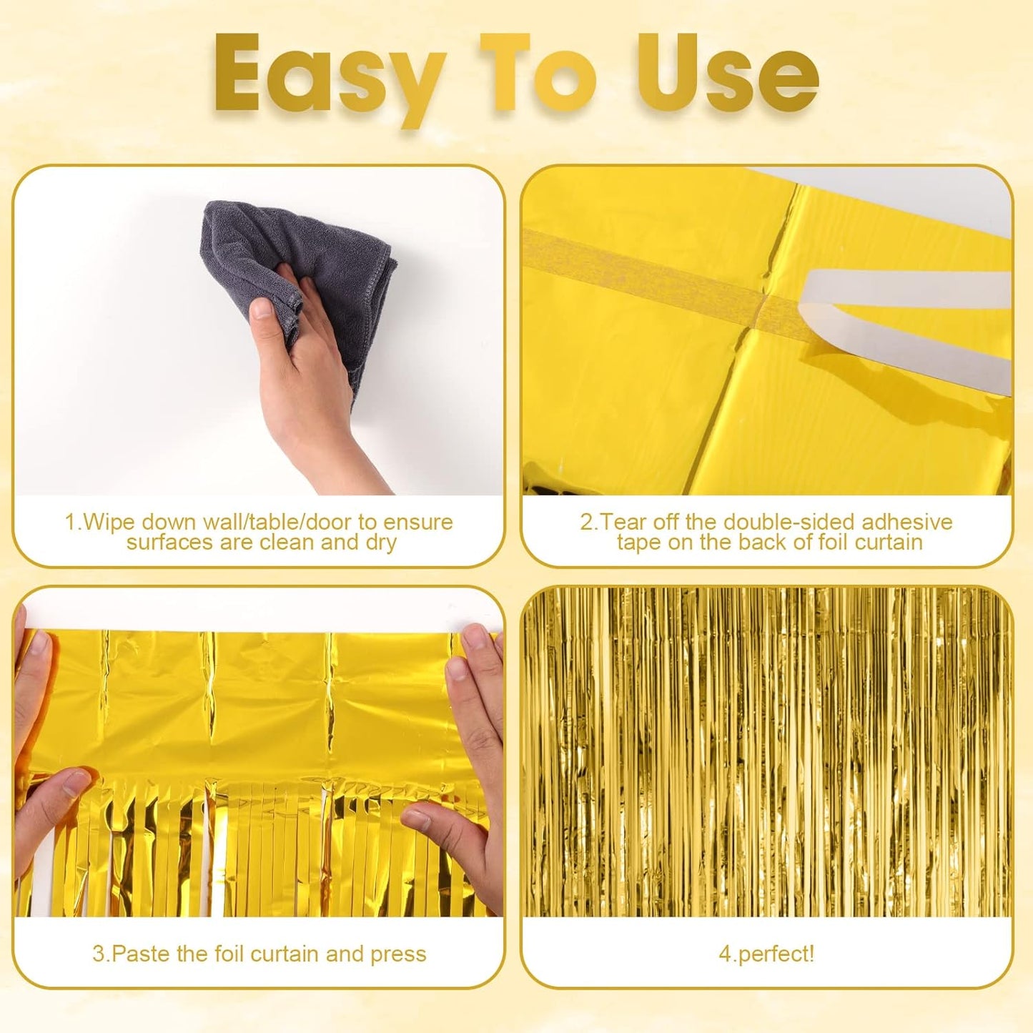 4 Pack Gold Foil Fringe Backdrop Curtains, Tinsel Streamers Birthday Party Decorations, Fringe Backdrop for Graduation, Baby Shower, Gender Reveal, Disco Party