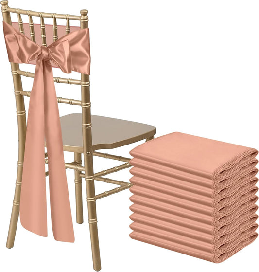 10 PCS Rose Gold Satin Chair Sashes Bows Universal Chair Ribbon Ties Back Sash for Wedding Party Reception Events Banquets Hotel Event Chair Cover Decoration (7x108 inch)